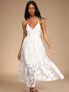 Lulus Feeling Like Forever White Jacquard Organza Lace-Up Midi Dress